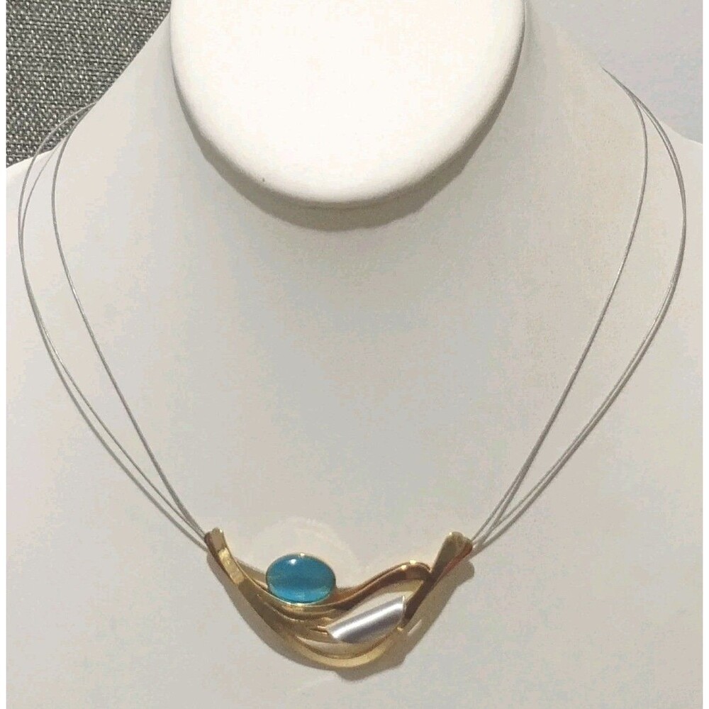 Christophe PolyAbstract Gold Silver Tone Blue Cabachon Vintage Necklace